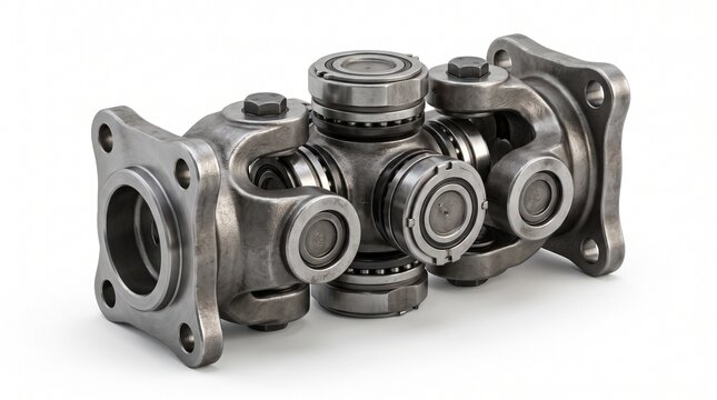 Universal joint isolated on a white background with realistic forged steel texture and studio lighting. Perfect for automotive and industrial transmission concepts.