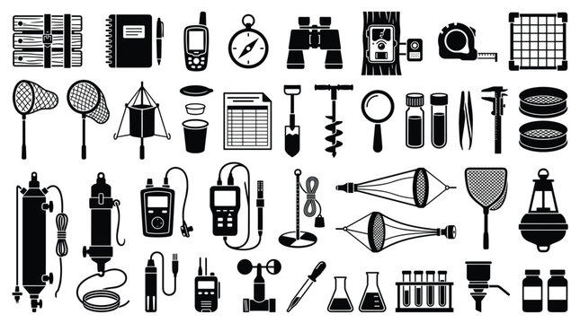 Set of scientific research equipment icons