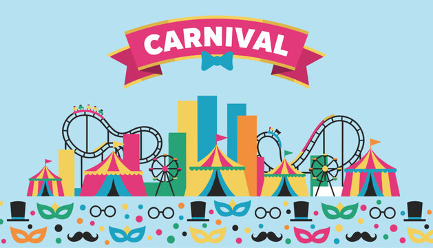 Carnival banner with colorful amusement park elements like roller coaster, ferris wheel, circus tents, and festive party masks.