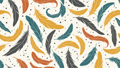 Fototapeta premium Whimsical seamless pattern featuring colorful floating feathers in yellow, blue, and orange on a soft cream background.