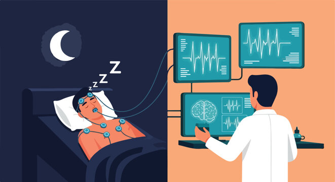 Sleep Study Polysomnography. Medical Procedure. Flat Illustration. Healthcare Concept.
