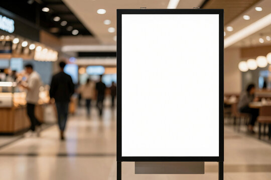 Blank billboard stands in a bustling shopping mall