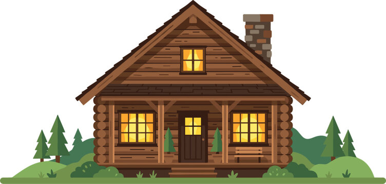 Cozy wooden log cabin vector illustration with glowing windows stone chimney and pine trees isolated on white background rustic forest cottage house