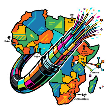 Vibrant Vector Illustration of Africa Showcasing Digital Connectivity and Major Cities with Internet Signals map signal africaillustration lines digitalillustration aesthetic