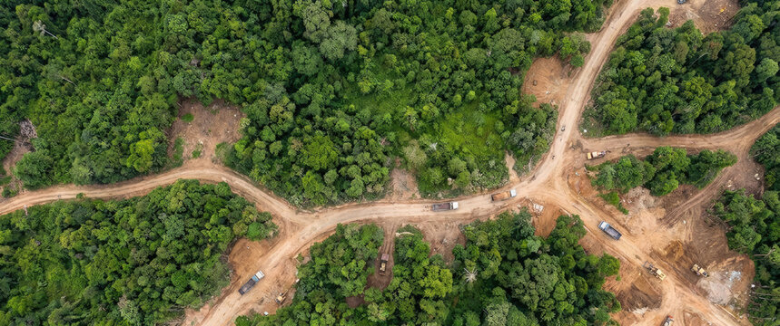 An aerial view shows a deforested area in a tropical forest. A network of dirt roads and construction vehicles cut through the remaining green vegetation.