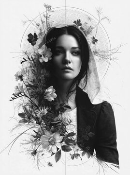 Virgin Mary Floral Engraving Illustration &ndash; AI Generative