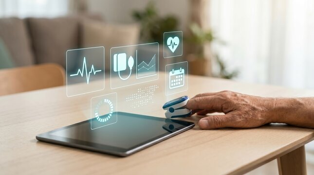 Senior man using pulse oximeter connected to tablet displaying holographic health metrics including heart rate