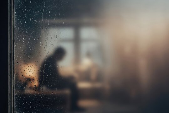 Lonely man silhouette window rain blur bedroom night sadness moody reflection Lonely man silhouette sits blur bedroom night behind rainy window, soft light reflection adds moody atmosphere