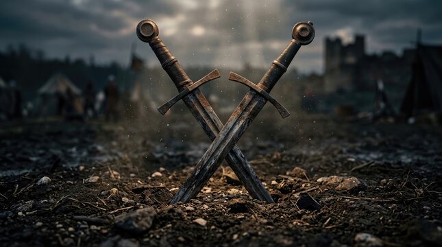 Two medieval swords cross each other on a dark, rocky ground. A weathered castle stands in the background, partially obscured by a stormy sky.