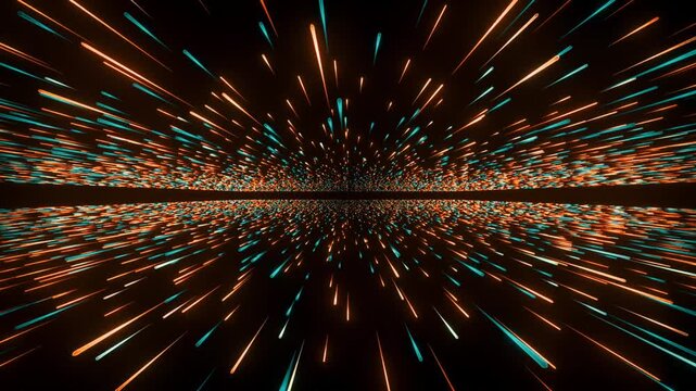 Cosmic hyperdrive star field warp speed animation. Abstract light streaks of orange and blue neon lines moving through space loopable background.