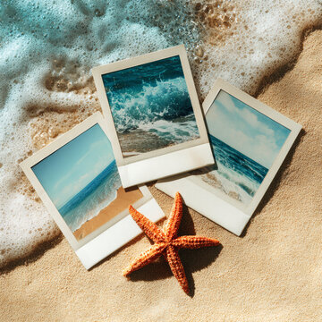 Beach Memories with Instant Photos and Starfish, AI generative