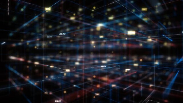 Cyber tech digital grid background with matrix data numbers. Abstract blue network line mesh and glowing bokeh lights for computer technology interface.