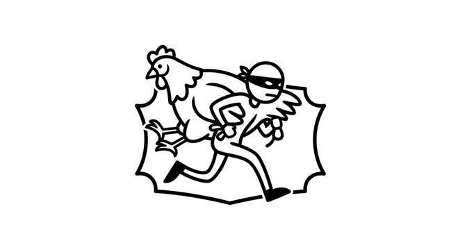 Funny thief stealing a chicken, cartoon style, black and white illustration