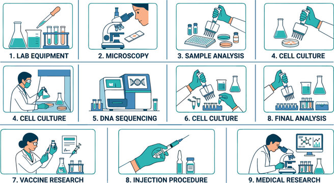Laboratory Science Research Workflow Infographic Set with Microscope, Cell Culture Pipetting, DNA Sequencing Machine, and Vaccine Injection Diagrams for Medical Studies