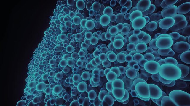 Microscopic view of abstract blue organic cells or bacteria clusters moving on dark background. Biology medical research or vaccine science loop concept.
