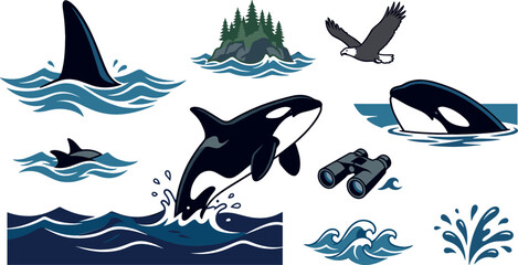 Orca Killer Whale and Marine Wildlife Vector Element Set with Jumping Whale, Fin, Eagle, Binoculars, and Ocean Waves for Eco Tourism Graphic Designs © MdFaruk