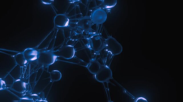 Abstract floating 3d blue molecular structures or atoms connection network on dark backdrop. Chemistry, neuroscience, and medical science loop background.