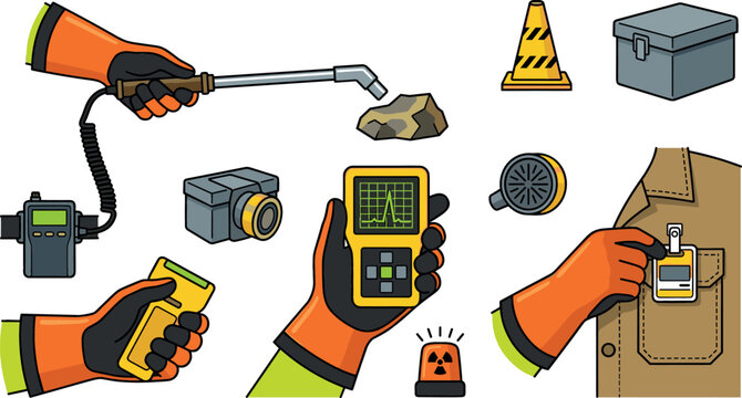Hazardous Radiation Detection and Safety Monitoring Equipment Set with Gloved Hands Holding Geiger Counter, Dosimeter Badge, and Industrial Emergency Alert Icons