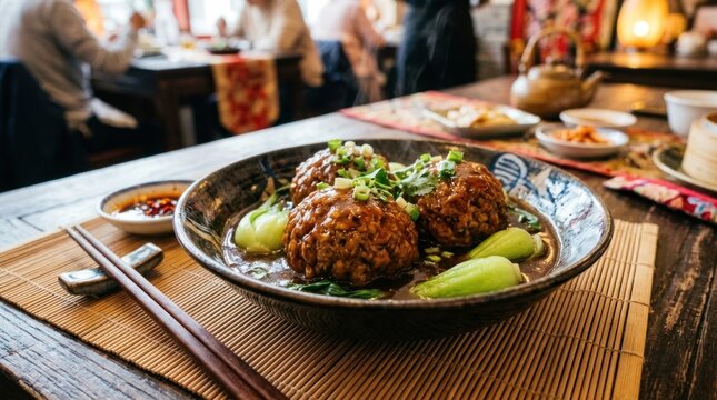A dark-colored ceramic plate holds three glistening, dark meat balls, likely pork, garnished with green scallions and served in a savory broth.