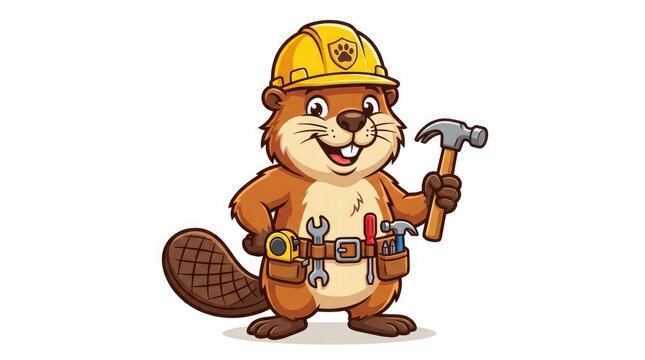 Cartoon beaver construction worker mascot with tools