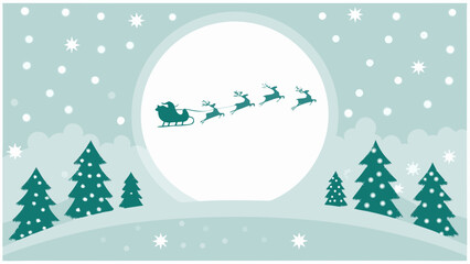 Santa claus and reindeer sleigh illustration with winter trees and snowfall © Parul