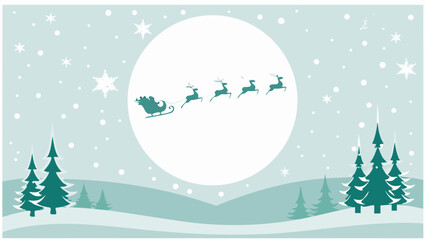 Santa claus and reindeer sleigh illustration with winter landscape backdrop © Parul