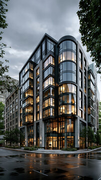 Modern Glass Office Building at Dusk AI Generative