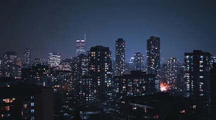 Obraz premium Illuminated skyscrapers glow against a dark urban night sky.