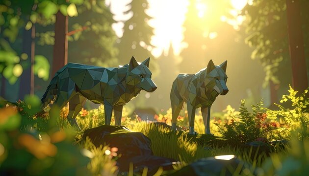 Two polygonal wolves stand in a sun-dappled forest.