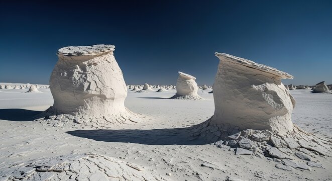 Surreal Chalk Rock Formations in White Desert Under Deep Blue Sky