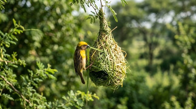 Baya weaver bird building a complex hanging nest in a natural forest habitat