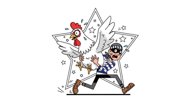 Chicken attacking burglar, funny cartoon illustration, crime prevention, unexpected defense
