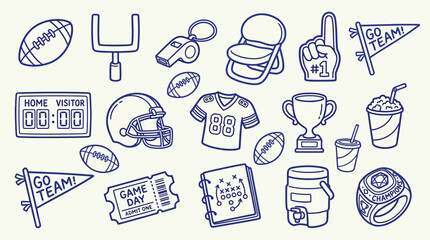 Collection of American Football Game Day Icons and Symbols in a Doodle Style. © zainab