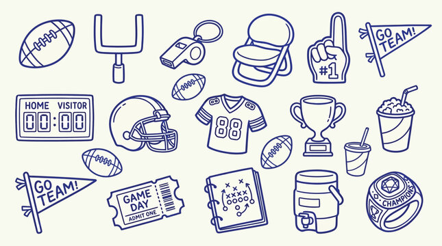 Collection of American Football Game Day Icons and Symbols in a Doodle Style.