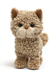 Fototapeta premium Cute Fluffy Beige Stuffed Cat Toy Isolated On A Pure White Background