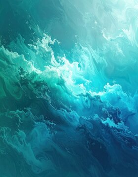 Abstract depiction of turbulent blue and turquoise ocean waves with white foam.