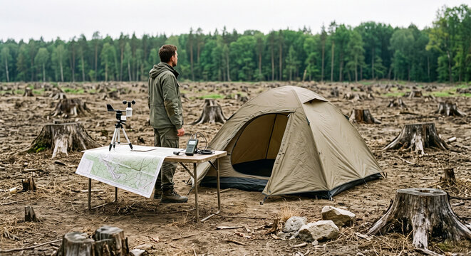 Man camping in deforested area with tent and map