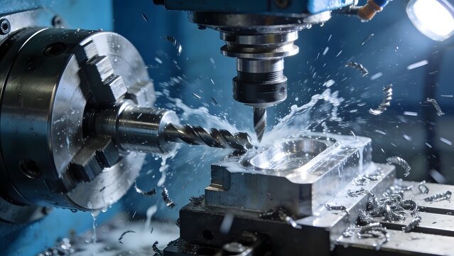 Close-up of a CNC milling machine performing high-precision metal machining with coolant and flying swarf in an industrial setting.