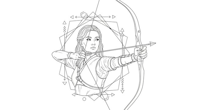 Archer Woman Drawing Bow Arrow Geometric Shapes Line Art