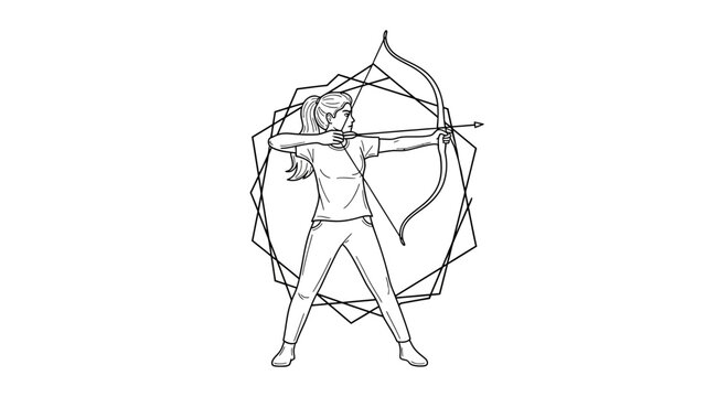Archer Woman Drawing Bow Arrow Geometric Shape Outline Vector Illustration