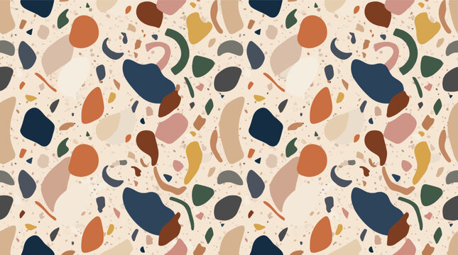 Seamless luxury terrazzo pattern texture background. Scattered colorful stone, marble, quartz chips on beige surface. Venetian style flooring mosaic. Abstract vector backdrop.