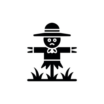 A minimal vector graphic illustration of a scarecrow standing in a field with a hat and outstretched arms designed as a simple flat icon with a transparent background