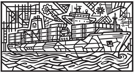 Naklejka premium Geometric line art of a cargo ship carrying containers on ocean waves with industrial port elements for maritime logistics and global trade