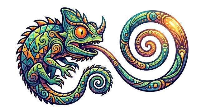 Colorful, swirly chameleon illustration, vibrant reptile artwork, psychedelic animal design, decorative lizard