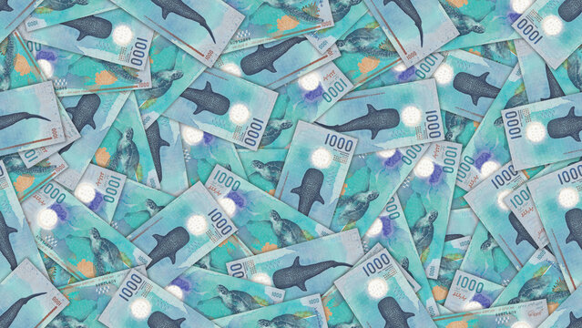 Seamless pattern illustration. Republic of Maldives. Scattered banknotes, denomination of 1000 rufiyaa. Obverse, reverse. Financial background, economic wallpaper. Business textures. Thousand
