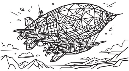 Steampunk airship zeppelin line art illustration with geometric patterns flying over mountains for coloring book page © mbg