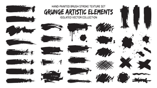 Grunge artistic elements collection with hand-painted brush strokes and textures. Set of black ink splashes, cross marks, drips, blots, lines isolated on textured background. Flat vector illustration.