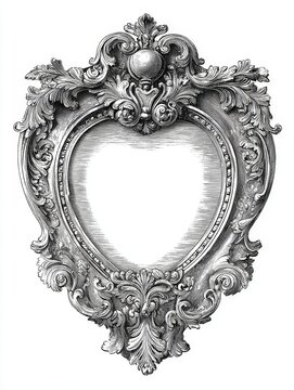 British vintage heart-shaped frame with Victorian and Rococo decorations, acanthus leaves, scrollwork, symmetrical pen-and-ink line art, black-and-white engraving, delicate antique illustration