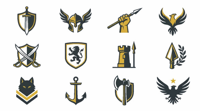 Heraldic emblem icons with shields wings and laurel for fantasy logo design.
