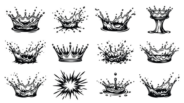 Set of water splashes and liquid crown shapes